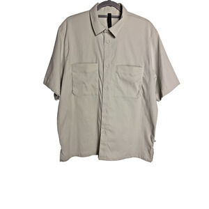 Lululemon Button Down Shirt Women L Stone Beige Nylon Short Sleeve Pockets